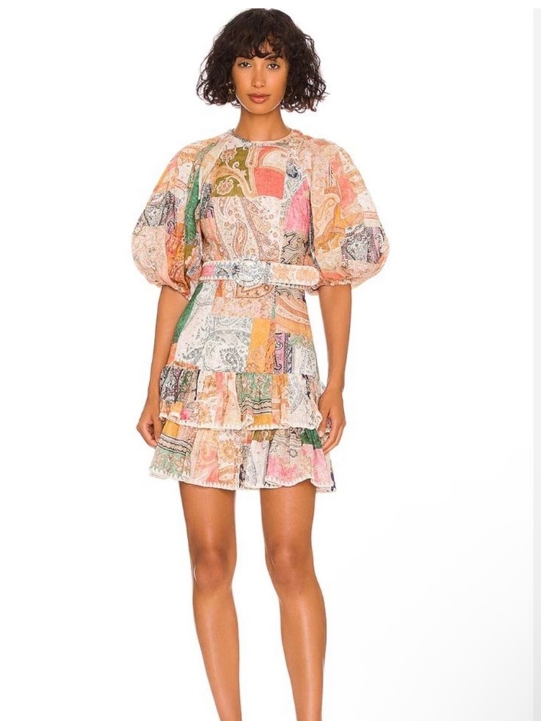 Nwot Zimmermann Pastel Patchwork Puff-Sleeve Mini Dress